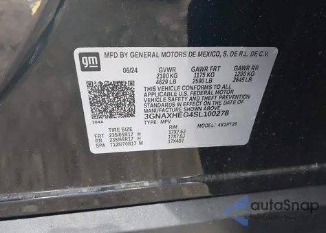 2025 Chevrolet Equinox Fwd Lt из США, поврежденный, VIN 3GNAXHEG4SL100278